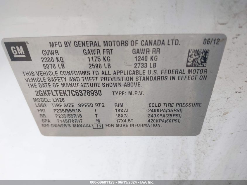 2012 GMC Terrain Sle-2 VIN: 2GKFLTEK7C6378930 Lot: 39681129