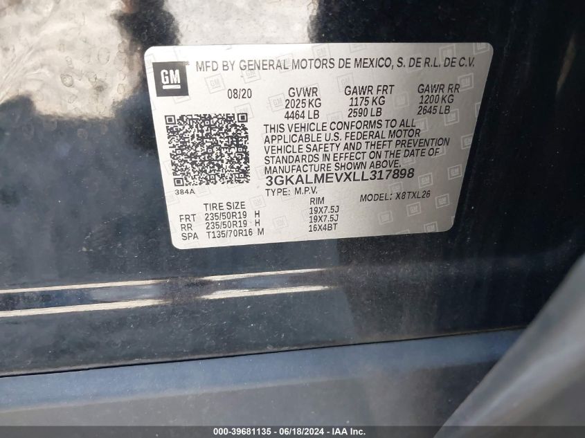 2020 GMC Terrain Fwd Sle VIN: 3GKALMEVXLL317898 Lot: 39681135