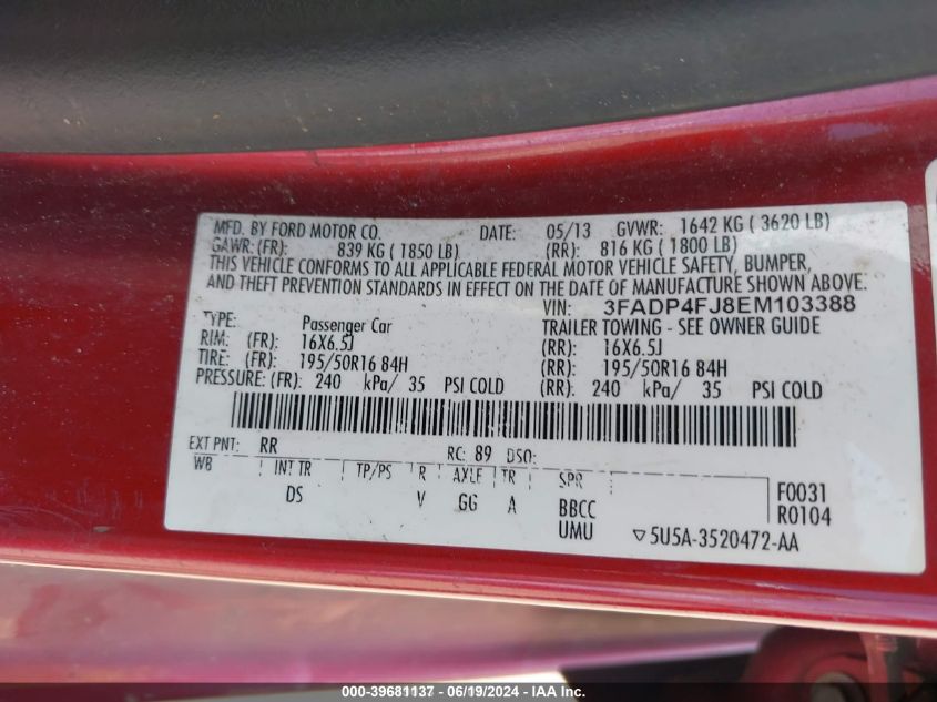 2014 Ford Fiesta Titanium VIN: 3FADP4FJ8EM103388 Lot: 39681137