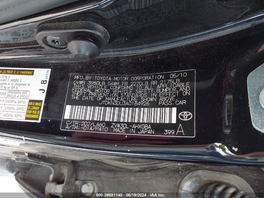 2010 Toyota Prius Iv VIN: JTDKN3DU3A0184926 Lot: 39681140