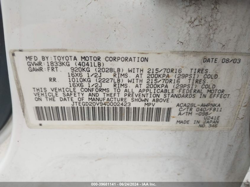 2004 Toyota Rav4 VIN: JTEGD20V940002423 Lot: 39681141