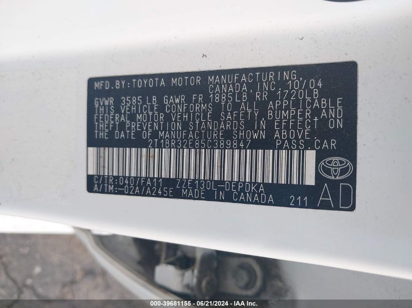 2005 Toyota Corolla Ce/Le/S VIN: 2T1BR32E85C389847 Lot: 39681155