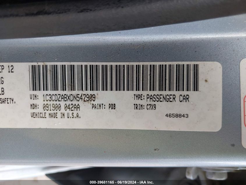 2013 Dodge Avenger Se VIN: 1C3CDZABXDN547909 Lot: 39681165