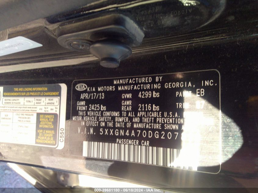 2013 Kia Optima Ex VIN: 5XXGN4A70DG207818 Lot: 39681180