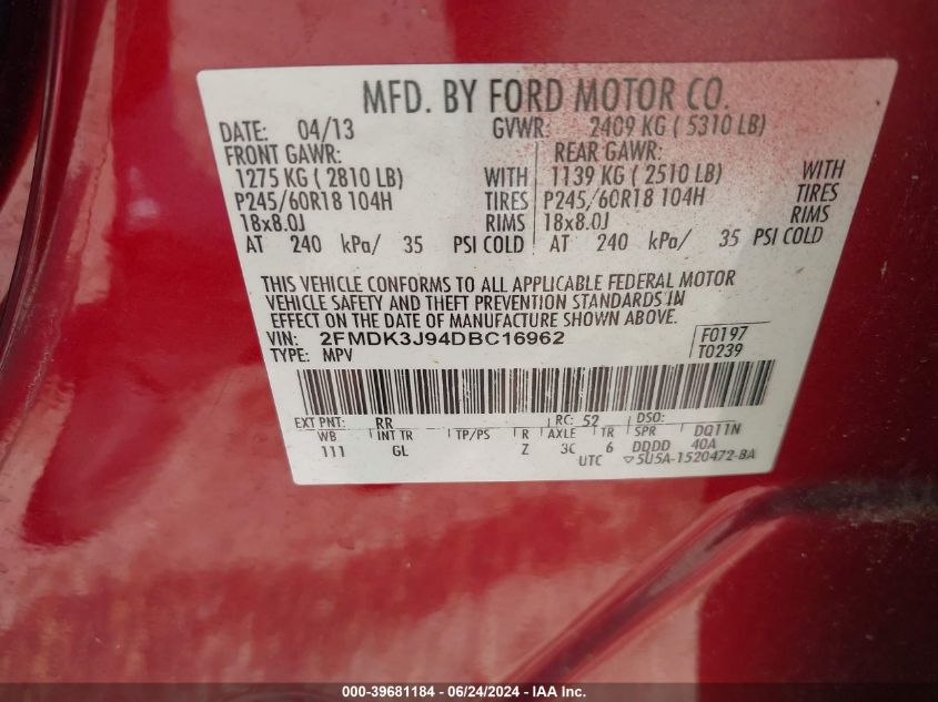 2013 Ford Edge Sel VIN: 2FMDK3J94DBC16962 Lot: 39681184