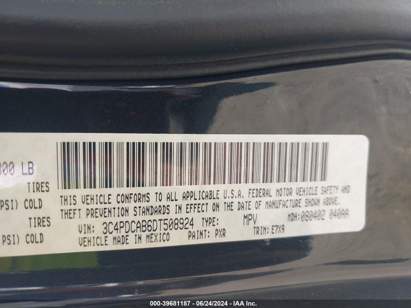 2013 Dodge Journey Se VIN: 3C4PDCAB6DT508924 Lot: 39681187