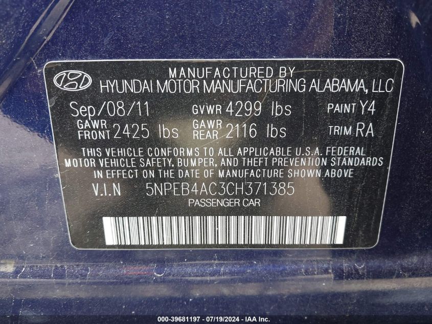 2012 Hyundai Sonata Gls VIN: 5NPEB4AC3CH371385 Lot: 39681197