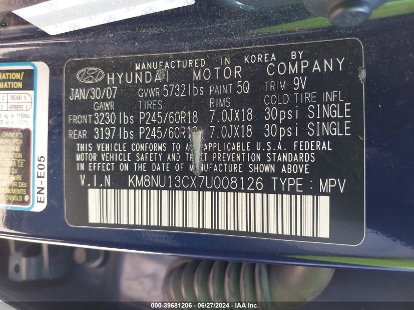 2007 Hyundai Veracruz Gls/Limited/Se VIN: KM8NU13CX7U008126 Lot: 39681206