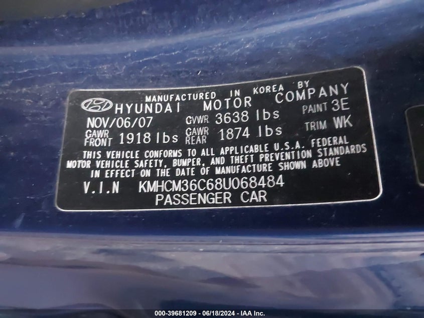 2008 Hyundai Accent Gs VIN: KMHCM36C68U068484 Lot: 39681209