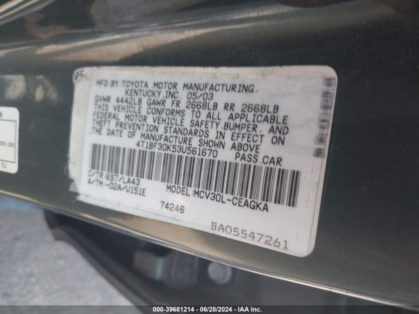 2003 Toyota Camry Xle V6 VIN: 4T1BF30K53U561670 Lot: 39681214