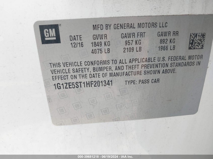 2017 Chevrolet Malibu 1Lt VIN: 1G1ZE5ST1HF201341 Lot: 39681218