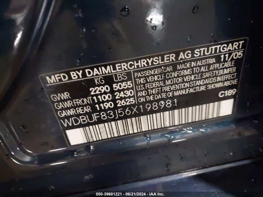 2006 Mercedes-Benz E 500 4Matic VIN: WDBUF83J56X198981 Lot: 39681221