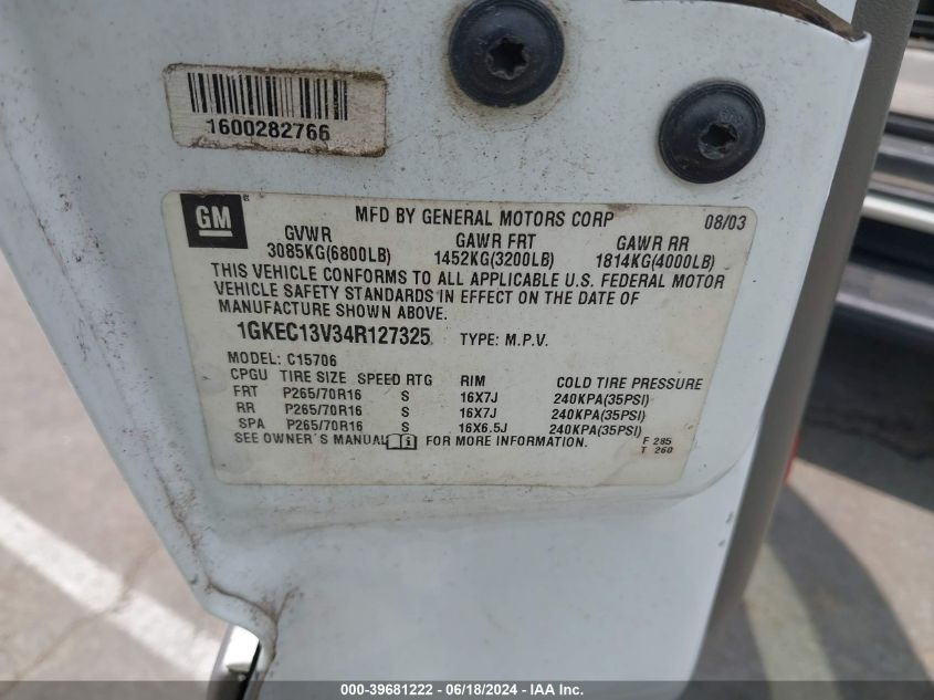 2004 GMC Yukon Sle VIN: 1GKEC13V34R127325 Lot: 39681222