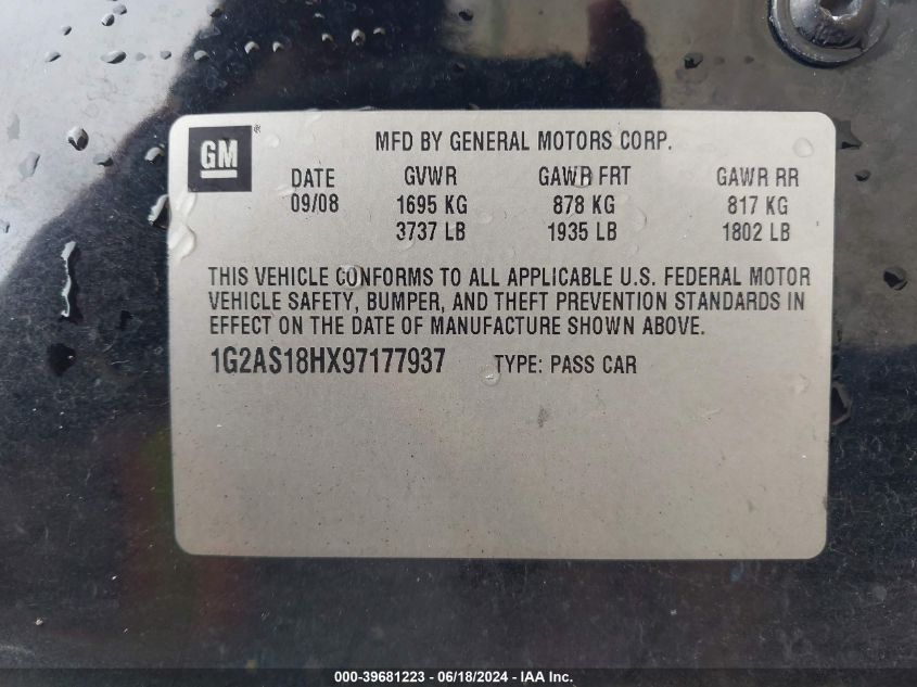 2009 Chevrolet Cobalt Lt VIN: 1G1AT18H997147975 Lot: 39681223