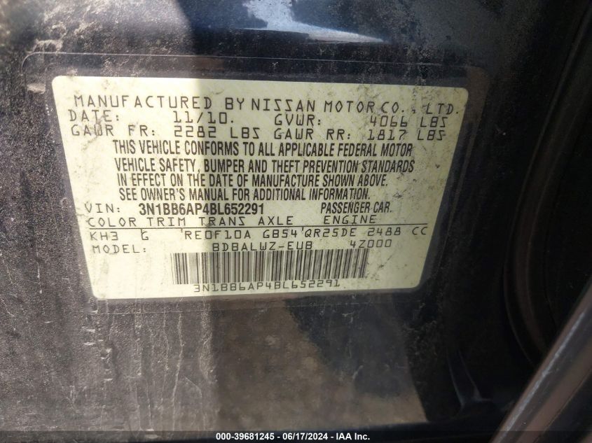 2011 Nissan Sentra Se-R VIN: 3N1BB6AP4BL652291 Lot: 39681245