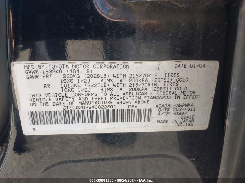 2004 Toyota Rav4 VIN: JTEGD20V840022601 Lot: 39681260