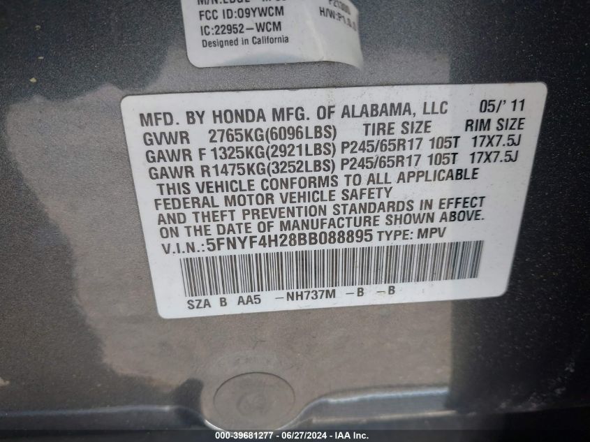 2011 Honda Pilot Lx VIN: 5FNYF4H28BB088895 Lot: 39681277