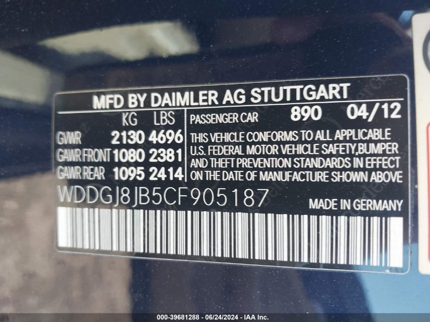 2012 Mercedes-Benz C 350 Sport 4Matic VIN: WDDGJ8JB5CF905187 Lot: 39681288