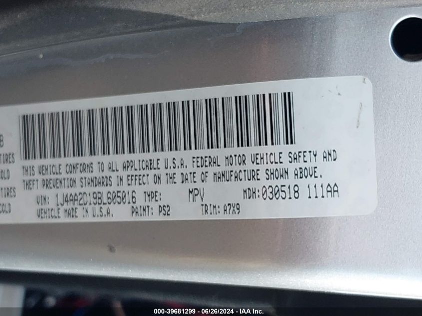 2011 Jeep Wrangler Sport VIN: 1J4AA2D19BL605016 Lot: 39681299