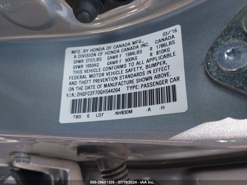 2016 HONDA CIVIC EX - 2HGFC2F70GH544264