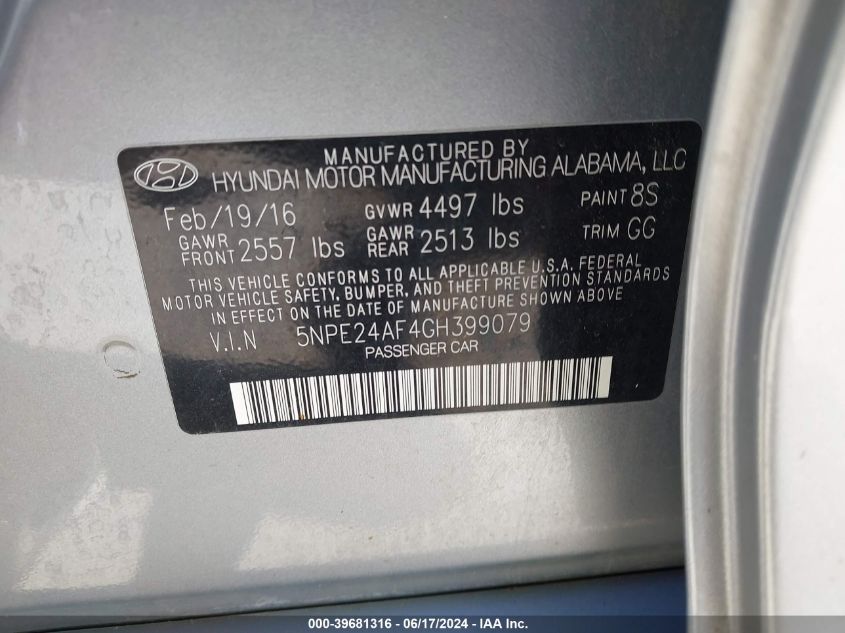 2016 Hyundai Sonata VIN: 5NPE24AF4GH399079 Lot: 39681316
