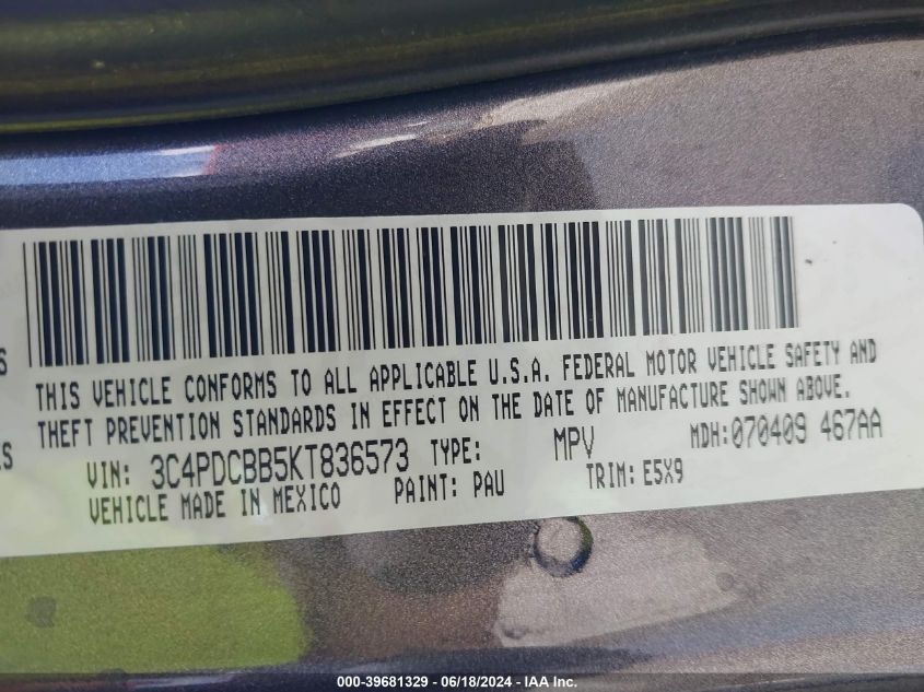 2019 Dodge Journey Se VIN: 3C4PDCBB5KT836573 Lot: 39681329