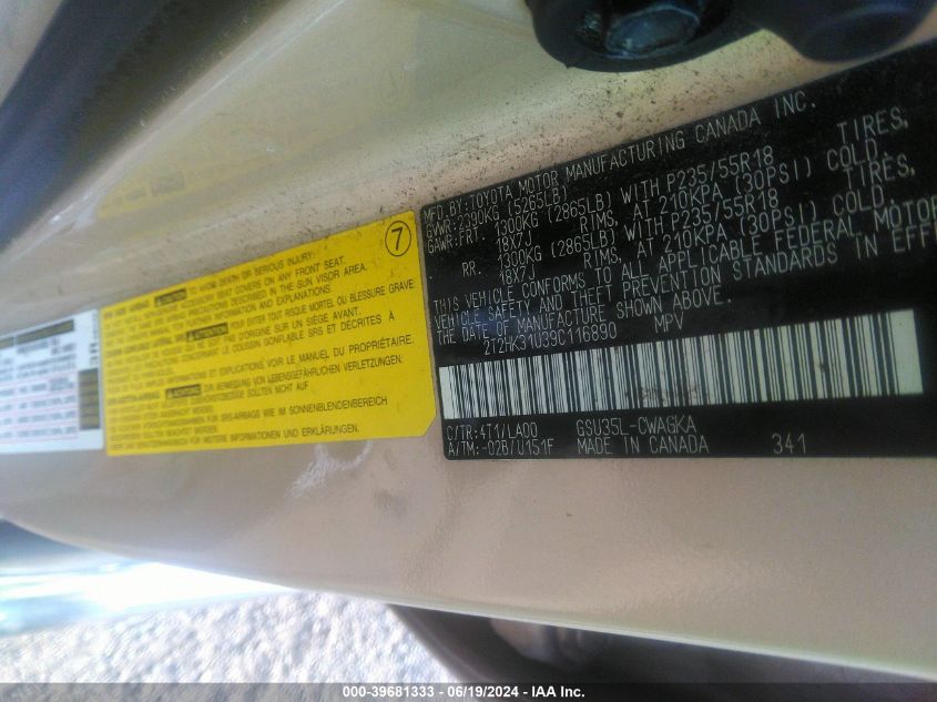 2009 Lexus Rx 350 VIN: 2T2HK31U39C116890 Lot: 39681333