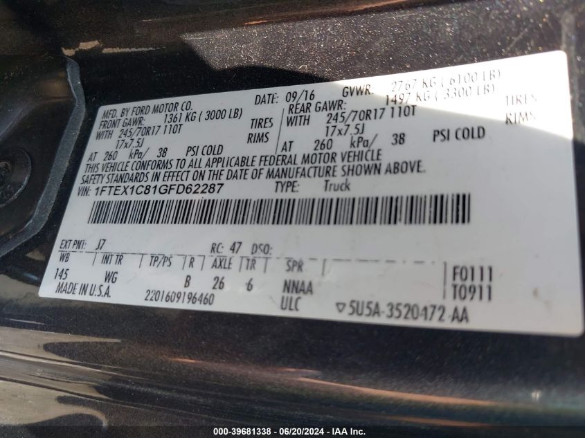 2016 Ford F-150 Xl VIN: 1FTEX1C81GFD62287 Lot: 39681338