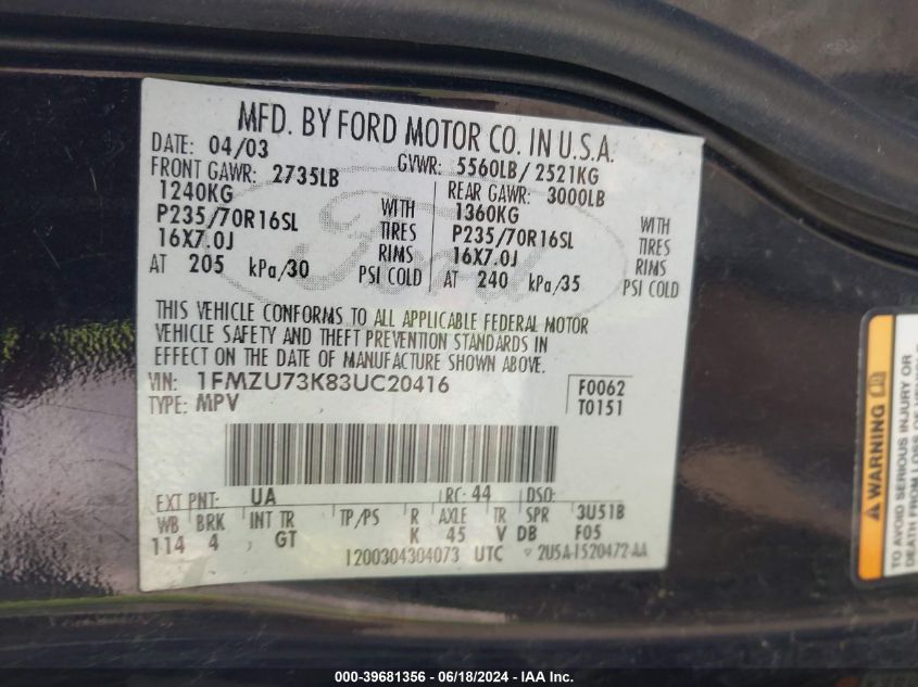 2003 Ford Explorer Nbx/Xlt VIN: 1FMZU73K83UC20416 Lot: 39681356