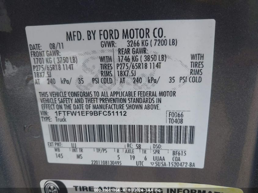 2011 Ford F-150 Xlt VIN: 1FTFW1EF9BFC51112 Lot: 39681364