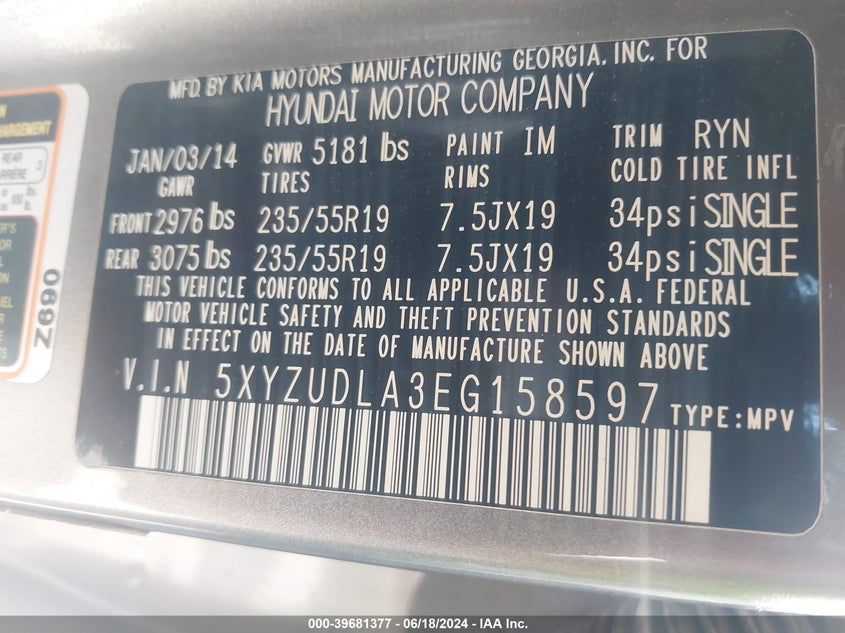 2014 Hyundai Santa Fe Sport 2.0L Turbo VIN: 5XYZUDLA3EG158597 Lot: 39681377
