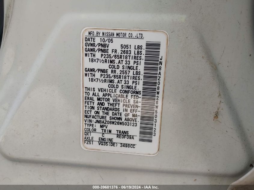 2006 Nissan Murano S VIN: JN8AZ08W26W503123 Lot: 39681376