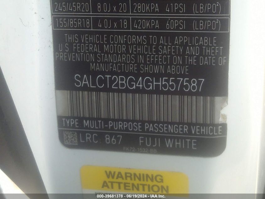 2016 Land Rover Discovery Sport Hse Lux VIN: SALCT2BG4GH557587 Lot: 39681378