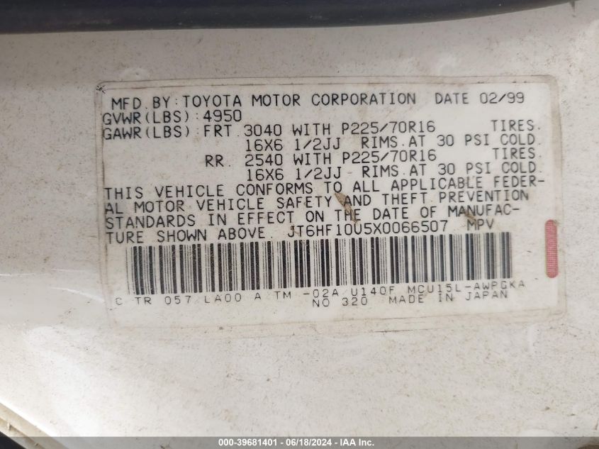 JT6HF10U5X0066507 | 1999 LEXUS RX 300