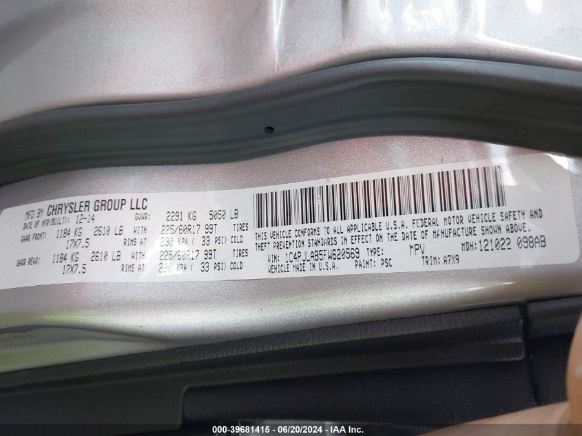 2015 Jeep Cherokee Sport VIN: 1C4PJLAB5FW620569 Lot: 39681415