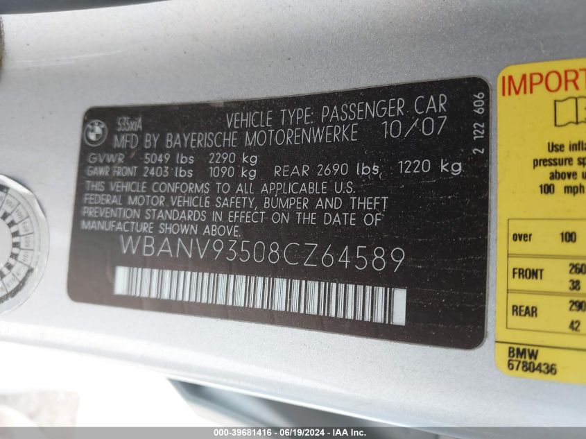2008 BMW 535 Xi VIN: WBANV93508CZ64589 Lot: 39681416