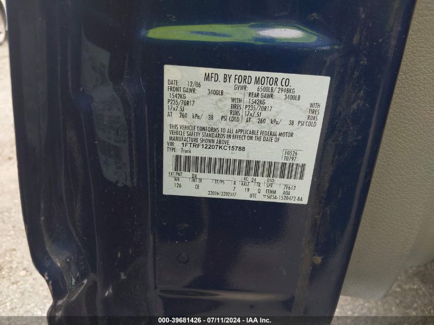 2007 Ford F-150 Stx/Xl/Xlt VIN: 1FTRF12207KC15788 Lot: 39681426
