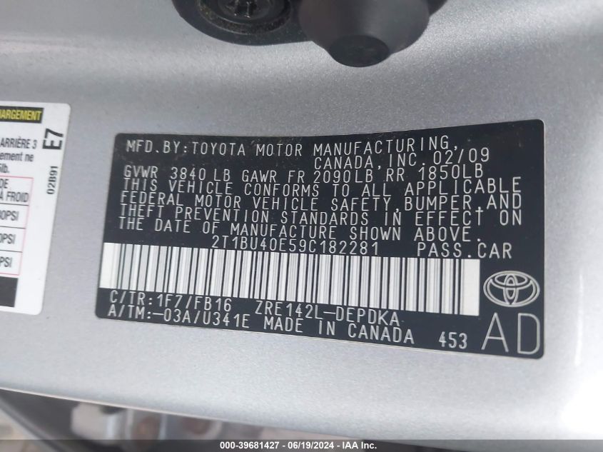 2009 Toyota Corolla Le VIN: 2T1BU40E59C182281 Lot: 39681427