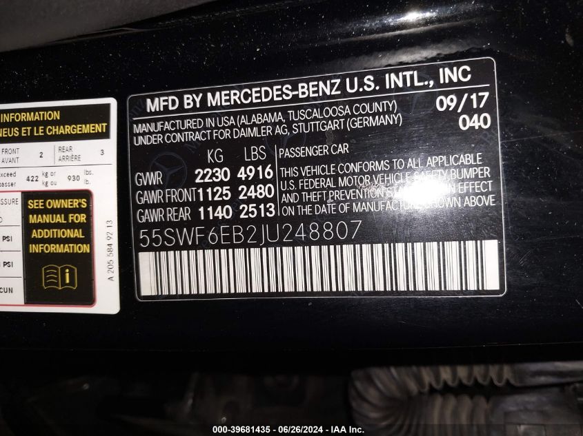 2018 Mercedes-Benz Amg C 43 4Matic VIN: 55SWF6EB2JU248807 Lot: 39681435