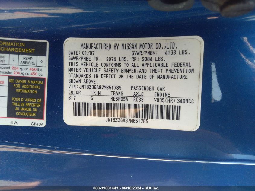 2007 Nissan 350Z Enthusiast VIN: JN1BZ36A87M651785 Lot: 39681443
