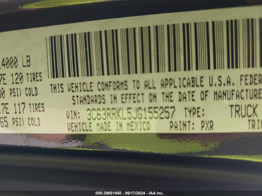 2018 Ram 3500 Laramie Longhorn 4X4 8' Box VIN: 3C63RRKL5JG155257 Lot: 39681450
