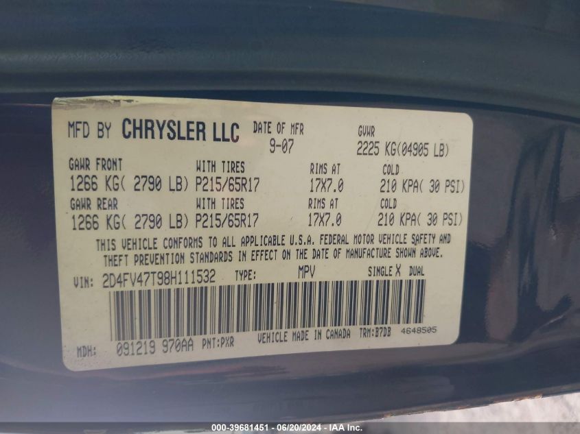 2008 Dodge Magnum VIN: 2D4FV47T98H111532 Lot: 39681451