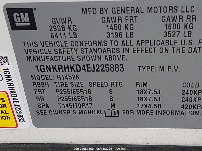 2014 Chevrolet Traverse 2Lt VIN: 1GNKRHKD4EJ225883 Lot: 39681460