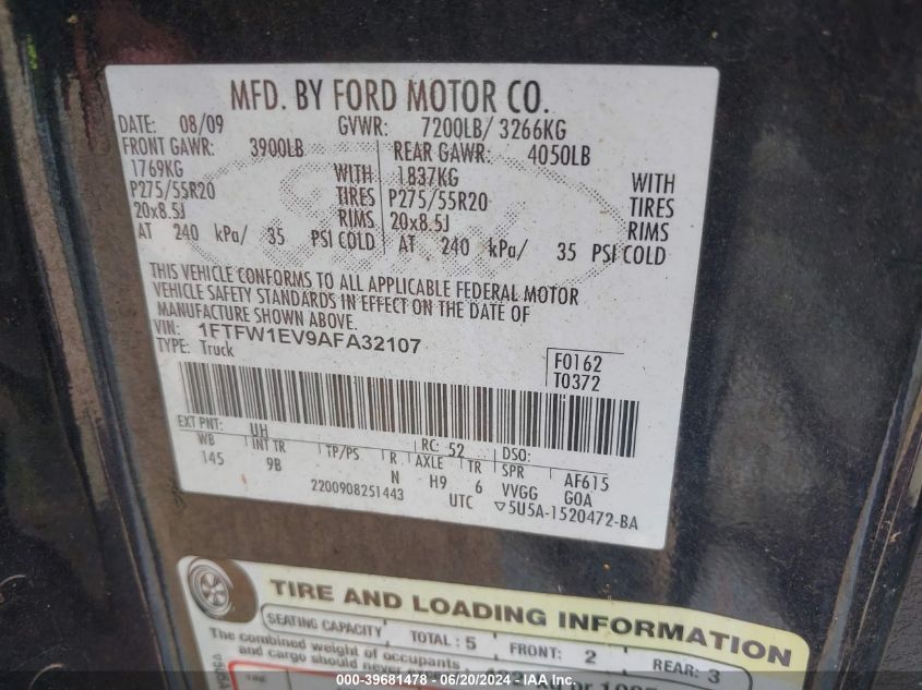 2010 Ford F150 Supercrew VIN: 1FTFW1EV9AFA32107 Lot: 39681478