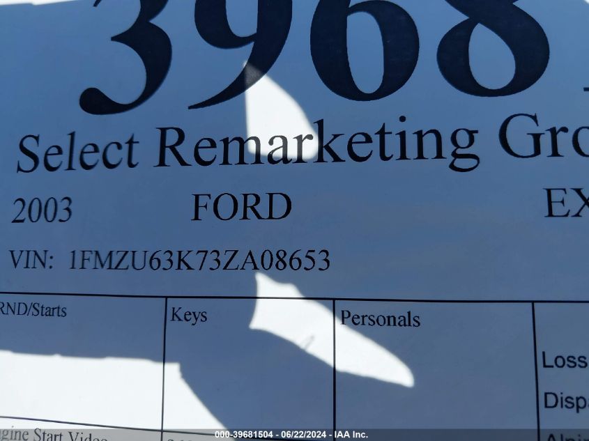 2003 Ford Explorer Nbx/Xlt VIN: 1FMZU63K73ZA08653 Lot: 39681504