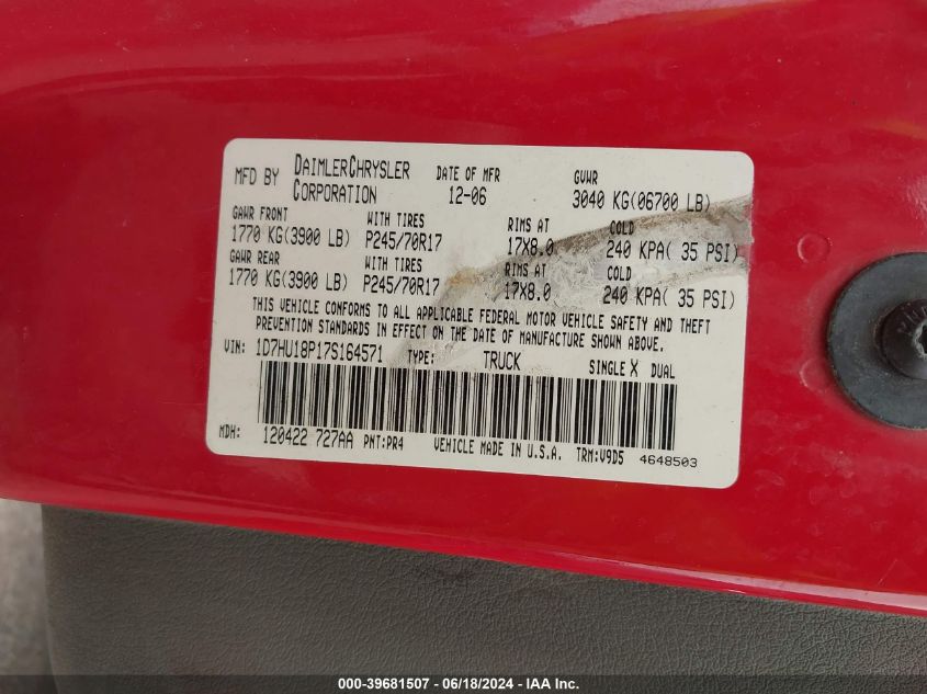 2007 Dodge Ram 1500 Slt/Trx4 Off Road/Sport VIN: 1D7HU18P17S164571 Lot: 39681507