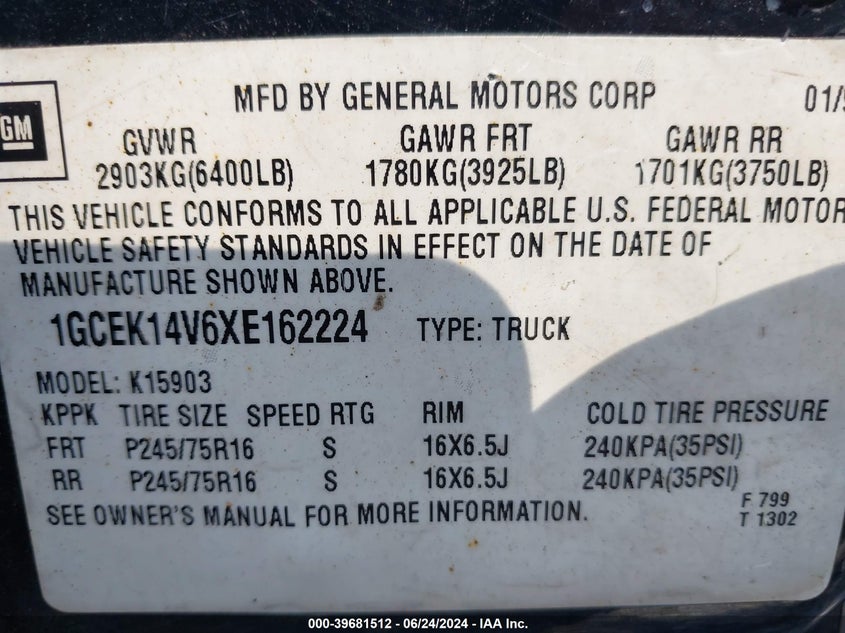 1999 Chevrolet Silverado 1500 Ls VIN: 1GCEK14V6XE162224 Lot: 39681512