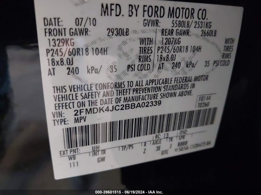 2011 Ford Edge Sel VIN: 2FMDK4JC2BBA02339 Lot: 39681515