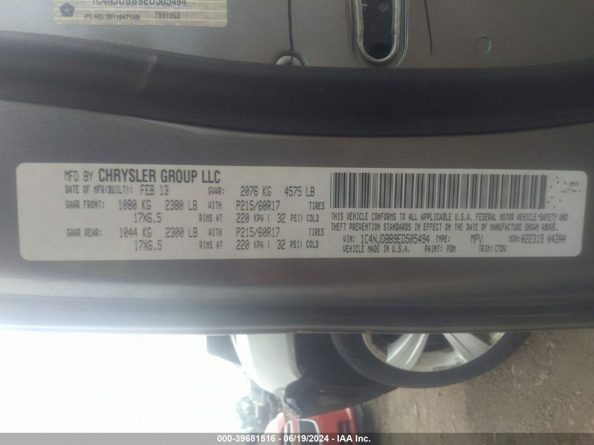 2014 Jeep Compass Sport VIN: 1C4NJDBB9ED505494 Lot: 39681516