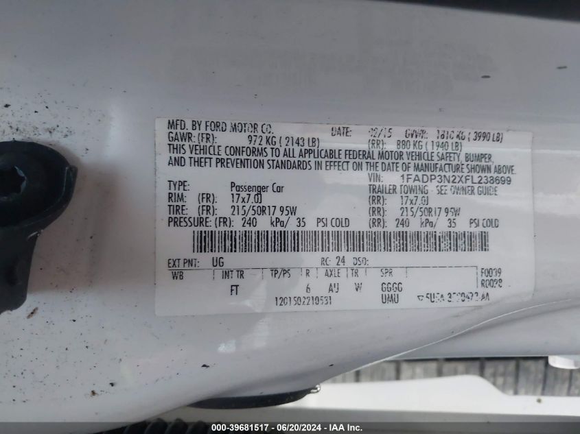 2015 Ford Focus Titanium VIN: 1FADP3N2XFL238699 Lot: 39681517